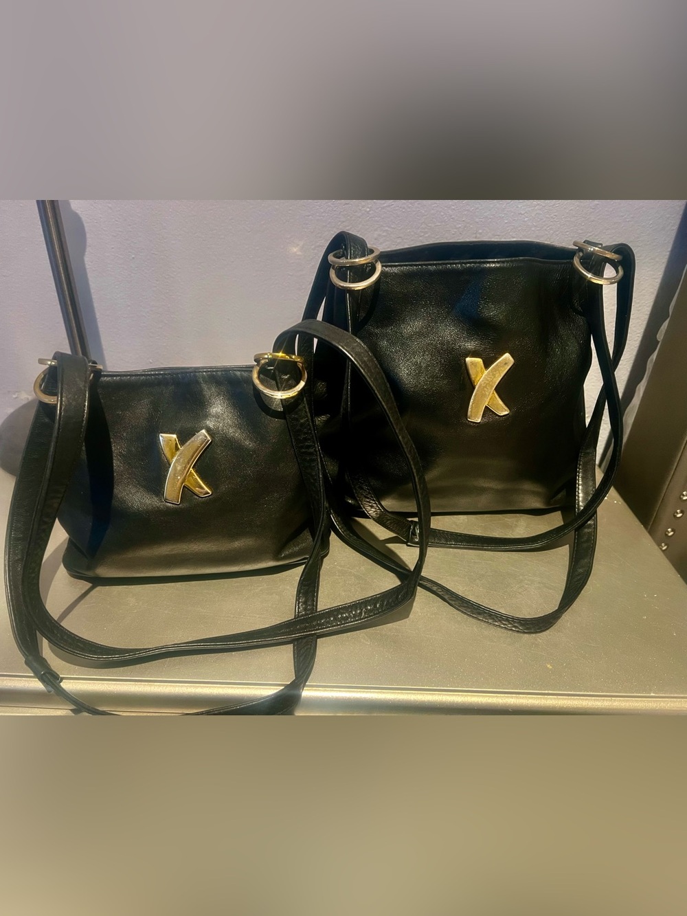 Vintage Paloma Picasso set 2  Black Leather Shoulder Bag with Gold 'X' Accent